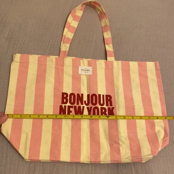 Sezane “Bonjour New York" Pink and Cream Striped Tote Bag - Picture 6 of 7